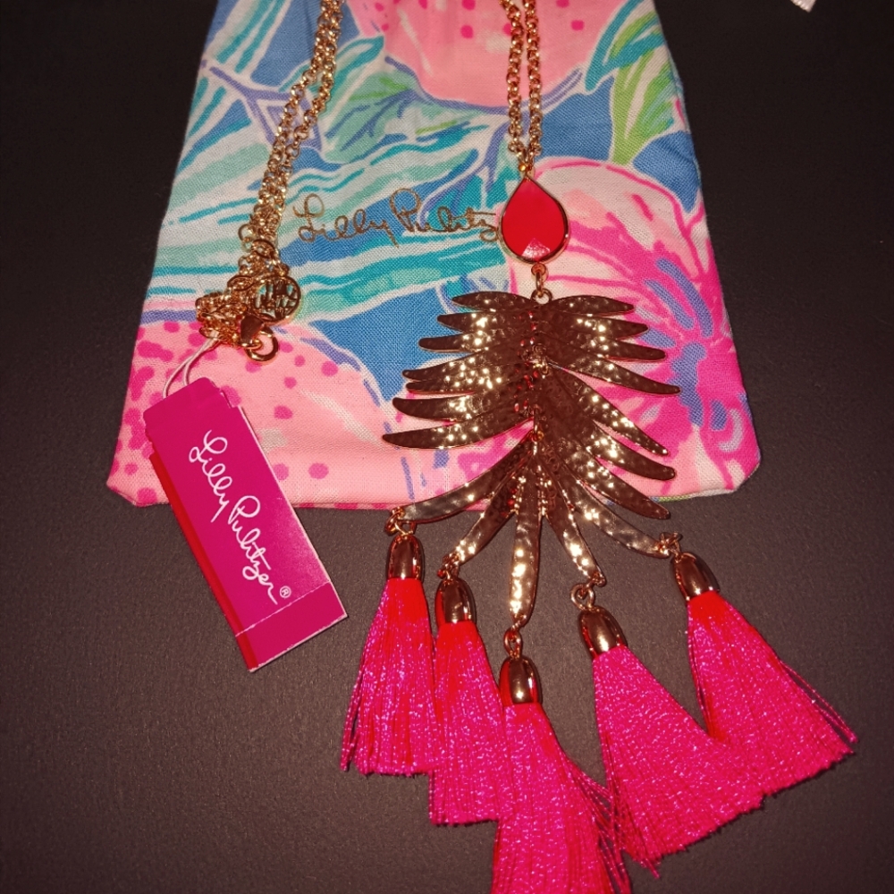 Gold Lilly Pulitzer 'Jungle Rain' Long Chained Necklace with Pink Gem & Tassels